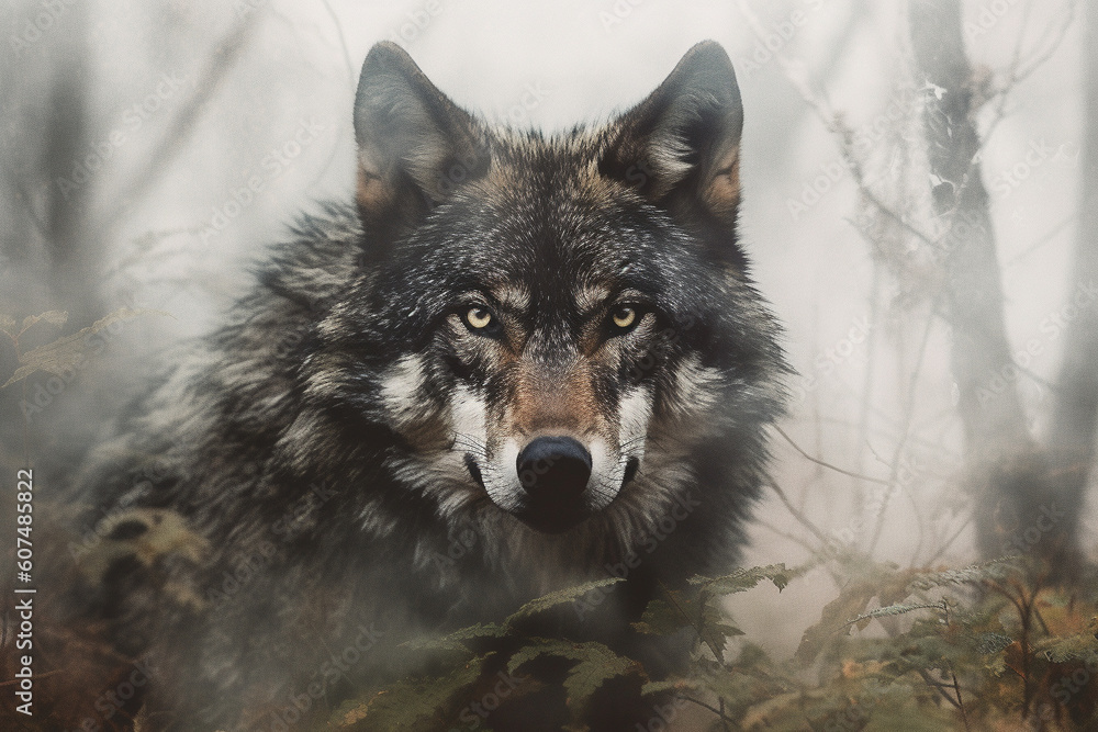 Head of a wolf emerging from the depths of a foggy forest, exuding an aura of mystery and strength. Ai generated Head of a wolf emerging from the depths of a foggy forest, exuding an aura of mystery and strength. Ai generated