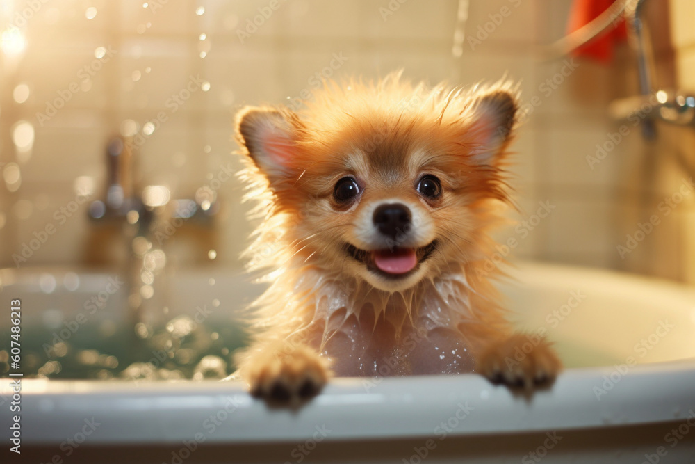 Adorable Dog's Bath Time Adventure. Heartwarming moment of a cute dog