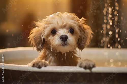 Adorable Dog's Bath Time Adventure. Heartwarming moment of a cute dog happily taking a bath. Ai generated