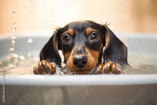 Adorable Dog's Bath Time Adventure. Heartwarming moment of a cute dog happily taking a bath. Ai generated © twindesigner