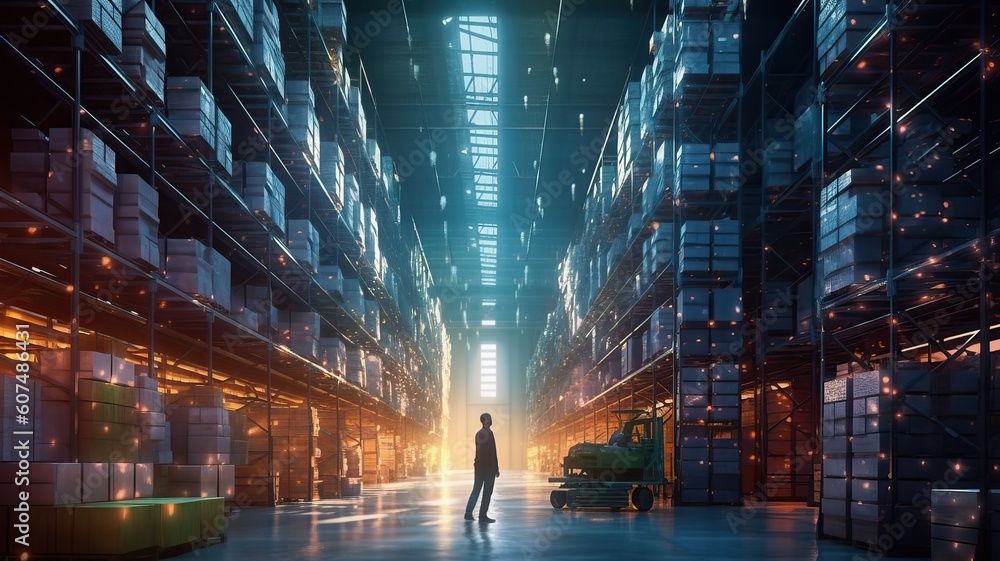 Modern logistics center with mechanized warehouse, generative ai