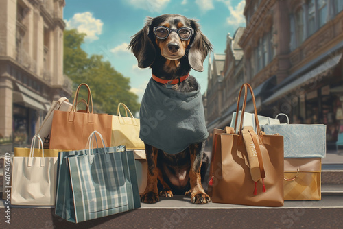 Cute dog nex to colorful shopping bags, capturing the excitement and satisfaction of a successful shopping spree. Ai generated