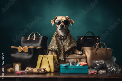 Cute dog nex to colorful shopping bags, capturing the excitement and satisfaction of a successful shopping spree. Ai generated © twindesigner