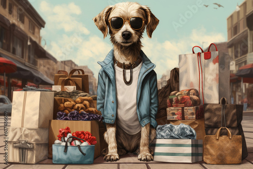 Cute dog nex to colorful shopping bags, capturing the excitement and satisfaction of a successful shopping spree. Ai generated