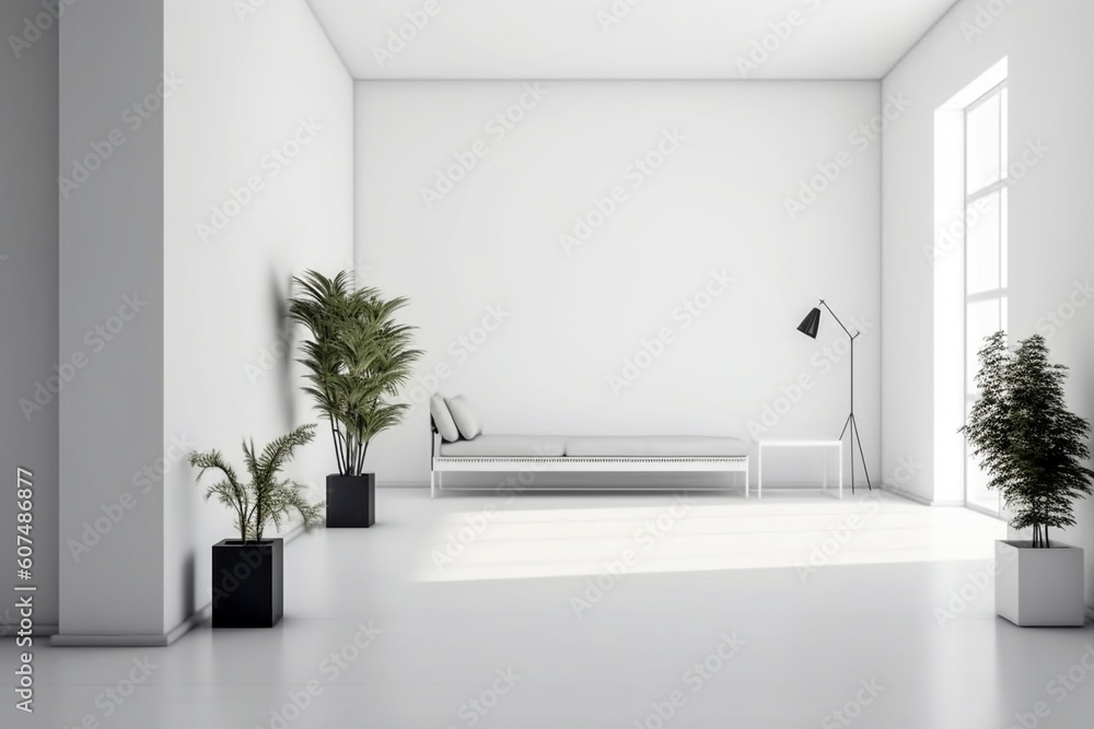 Modern minimalist interior with big empty white wall,created with generative AI Modern minimalist interior with big empty white wall,created with generative AI