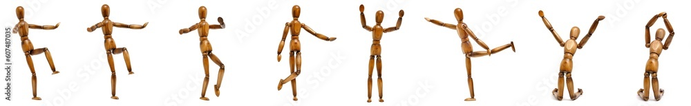Banner with set wooden mannequin figures with different movements.
