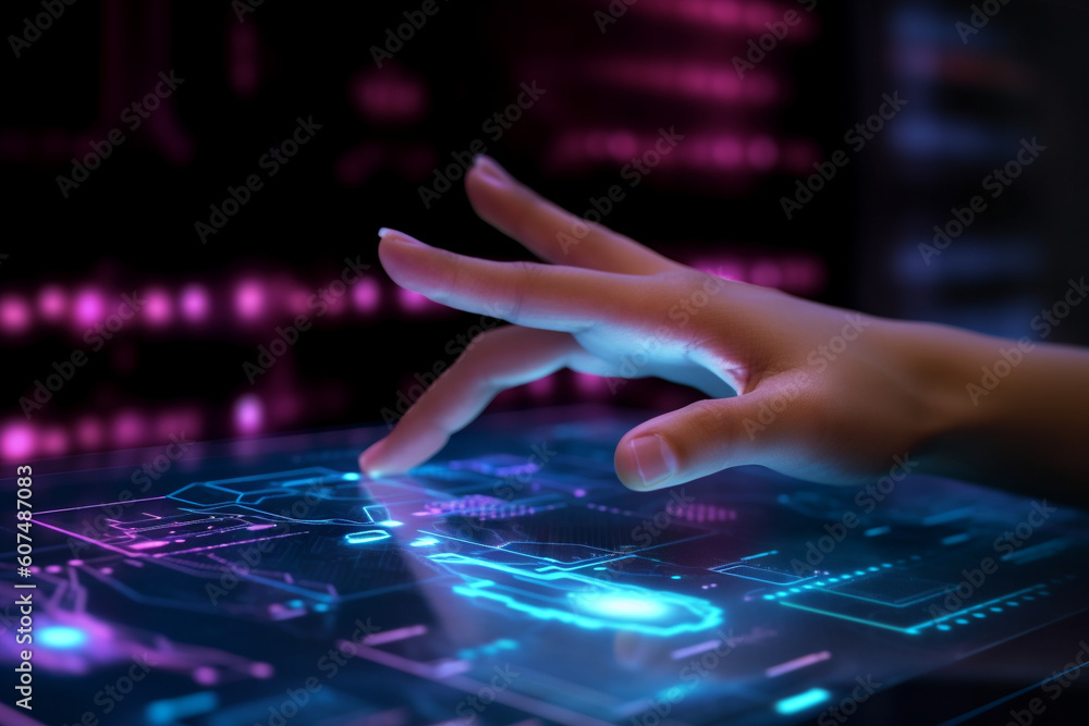 Hand reaching out to touch an interactive data screen, symbolizing the seamless connection between humans and technology. Ai generated Hand reaching out to touch an interactive data screen, symbolizing the seamless connection between humans and technology. Ai generated