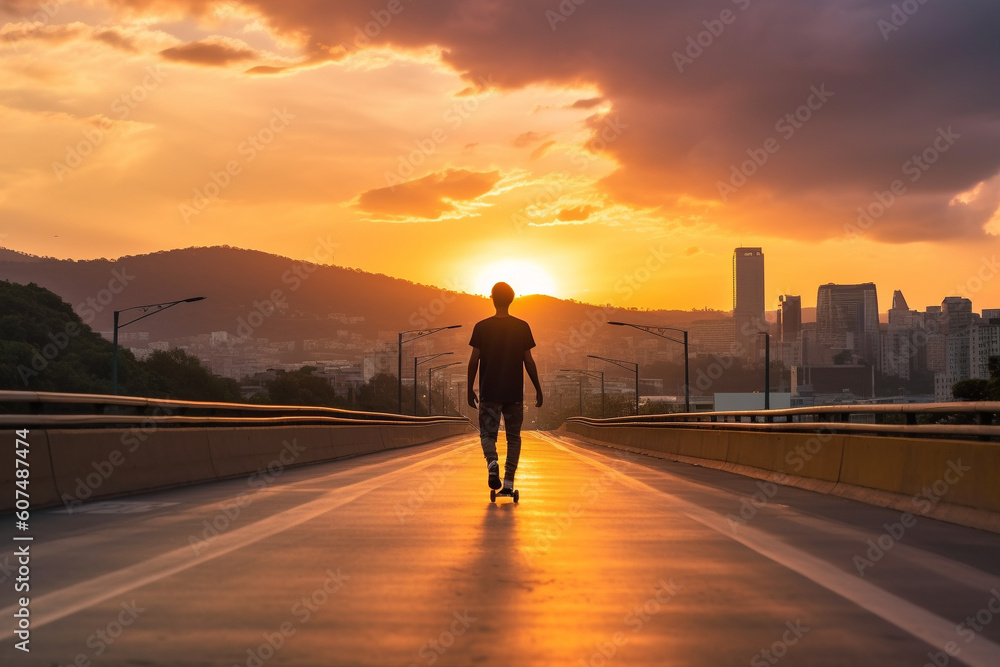 Skater gracefully gliding through the city streets against a breathtaking sunset backdrop. Ai generated Skater gracefully gliding through the city streets against a breathtaking sunset backdrop. Ai generated