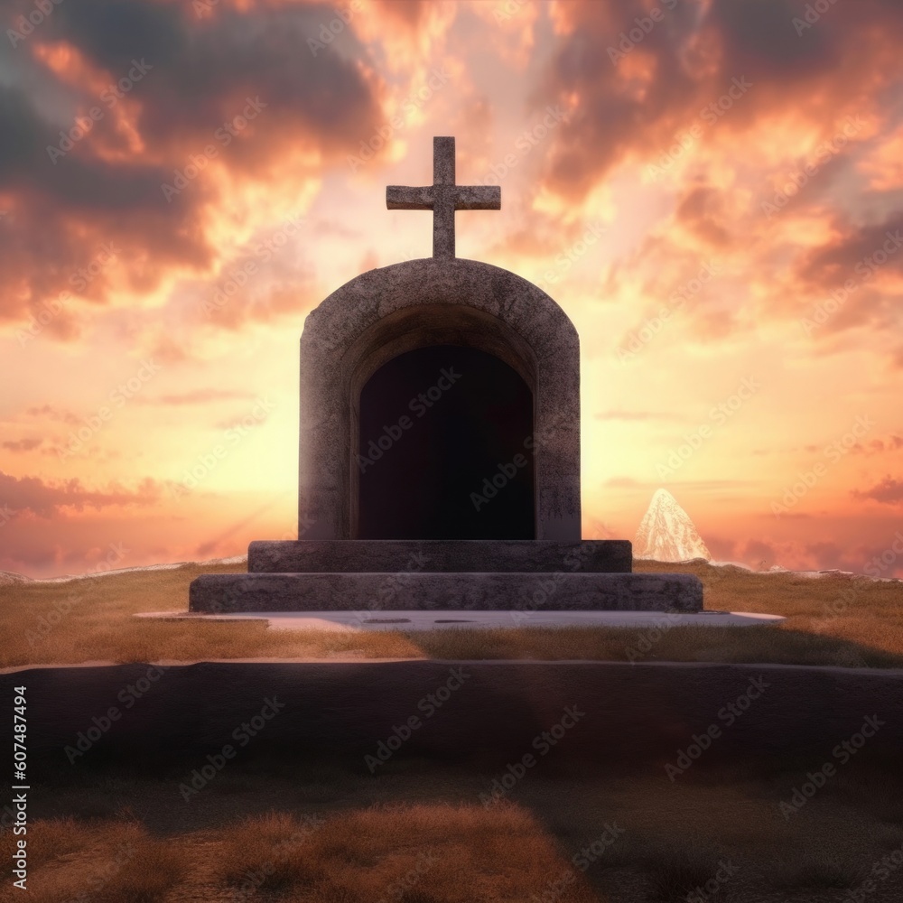 Easter Sunday concept: Tomb empty with cross on sunset background, Generative AI