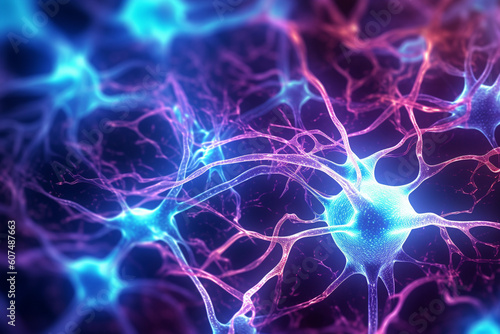 Close-up view of a vibrant neuron, intricately woven with its dendrites extending and intertwining with other neurons. Ai generated