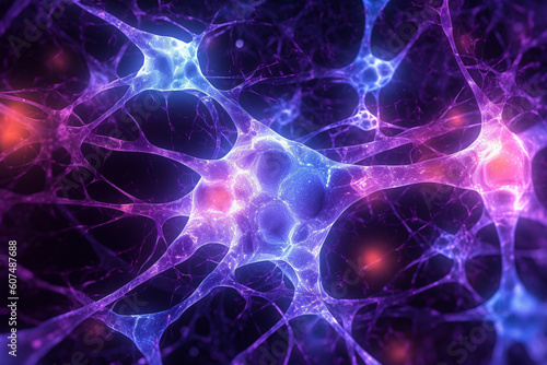 Close-up view of a vibrant neuron, intricately woven with its dendrites extending and intertwining with other neurons. Ai generated
