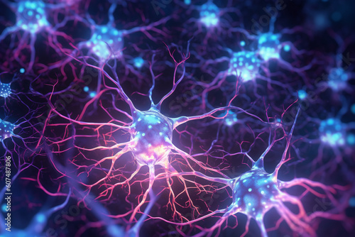 Close-up view of a vibrant neuron  intricately woven with its dendrites extending and intertwining with other neurons. Ai generated