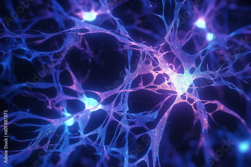 Close-up view of a vibrant neuron, intricately woven with its dendrites extending and intertwining with other neurons. Ai generated