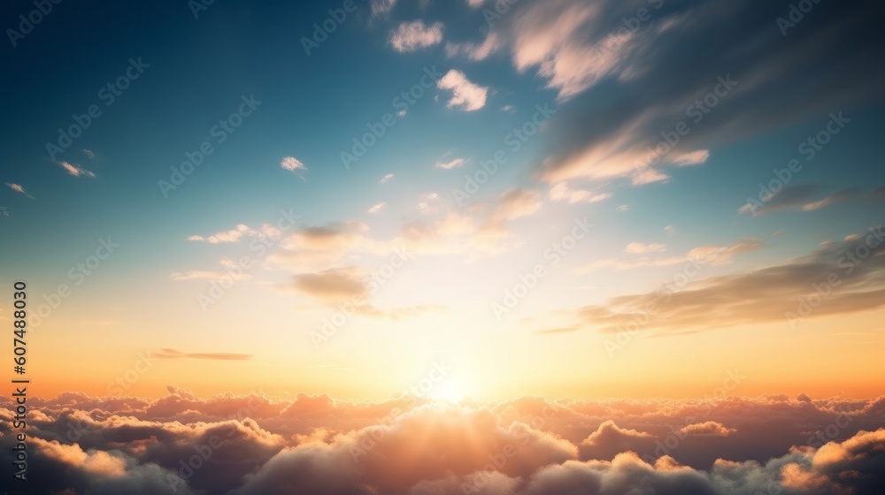 World Tourism Day concept:  Beautiful sunset sky above clouds with dramatic light, Generative AI
