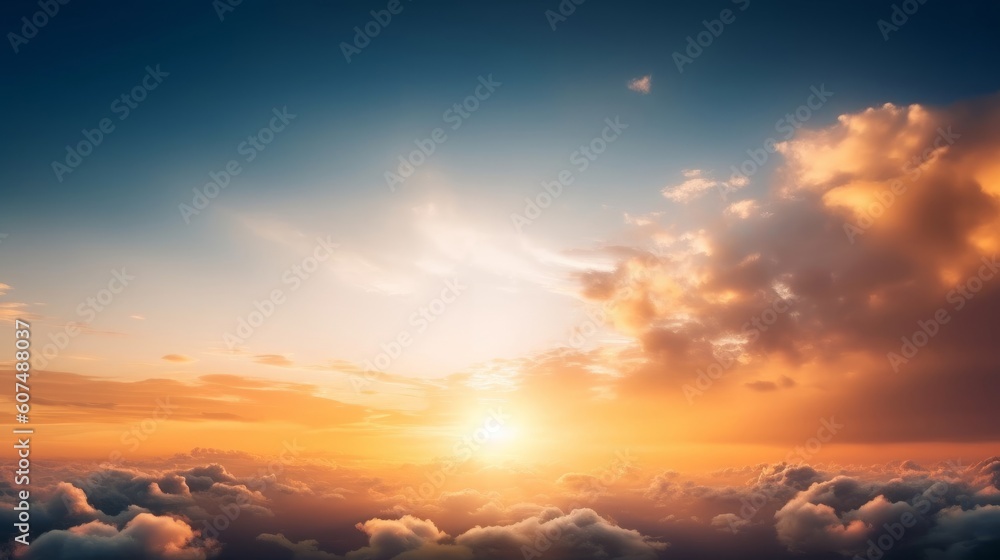 World Tourism Day concept:  Beautiful sunset sky above clouds with dramatic light, Generative AI