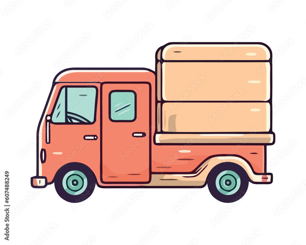 Driving truck carrying cargo container delivering goods