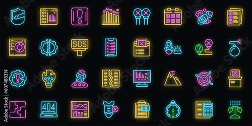 Failed startup icons set outline vector. Broken crash. Rocket down neon color on black