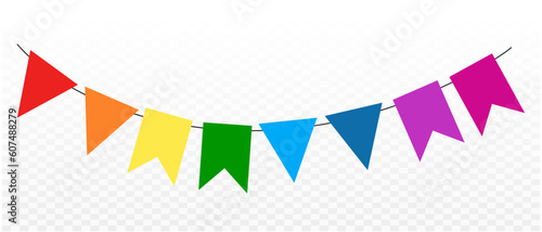 Colorful pennant bunting ribbon on transparent background. Happy carnival. Confetti festive colorful carnival illustration. Celebration background.