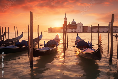Enchanting beauty of a sunset in Venice, Italy. Gondolas gracefully parked along the serene shore, their reflections shimmering on the tranquil waters. Ai generated