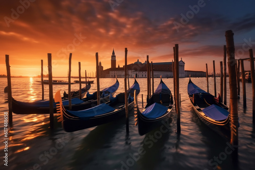 Enchanting beauty of a sunset in Venice, Italy. Gondolas gracefully parked along the serene shore, their reflections shimmering on the tranquil waters. Ai generated © twindesigner