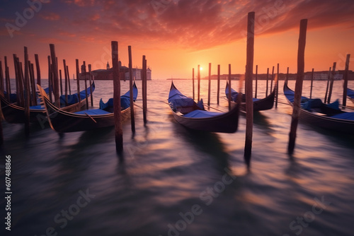 Enchanting beauty of a sunset in Venice, Italy. Gondolas gracefully parked along the serene shore, their reflections shimmering on the tranquil waters. Ai generated