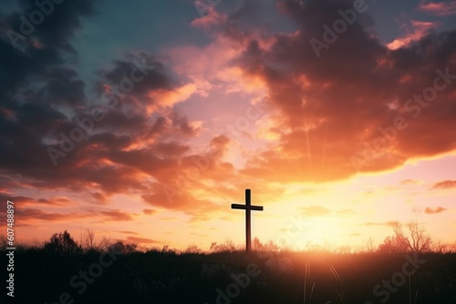 Easter concept: Concept : cross on sunset sky background, Generative AI