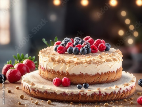 Classic Festive Cheesecake Cake Decorated With Berries. Fruits. Jam. Generative AI