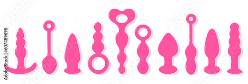 Cute pink sex toys. Anal plugs, vibrators, balls, dildo. Erotic doodle set. For adult games.