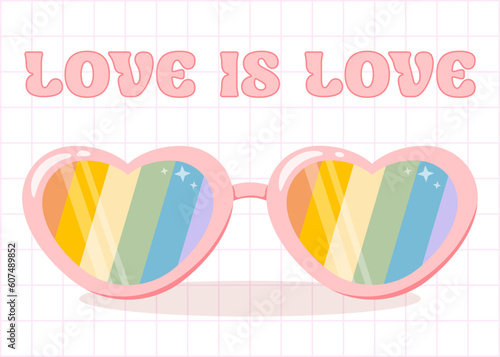 Glasses in the shape of hearts with LGBTQ rainbow. Happy Pride Month. Love is love. Cute colorful sunglasses. Shine lenses. Hippie aesthetic clipart. Retro cartoon style. Flat vector illustration.
