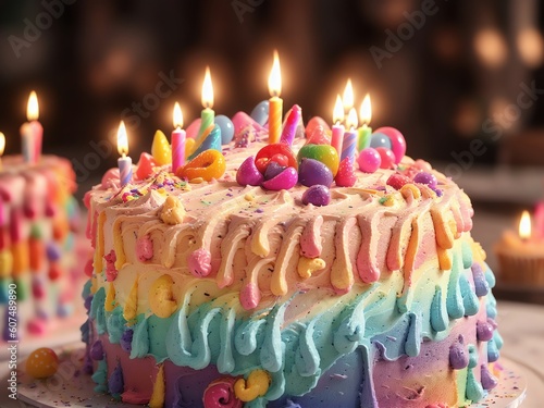 Colorful Rainbow Birthday Cake With Birthday Candles. A Party. Generative AI photo