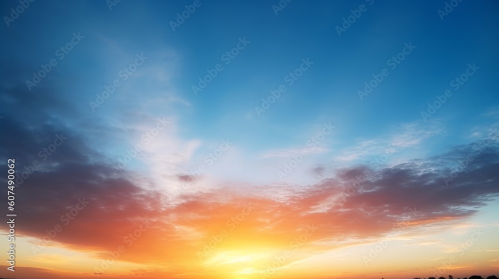 Sunset sky in the Morning with colorful orange sunrise on blue white clouds sky Background, Generative AI