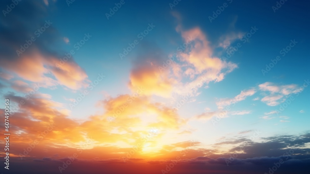 Sunset sky in the Morning with colorful orange sunrise on blue white clouds sky Background, Generative AI