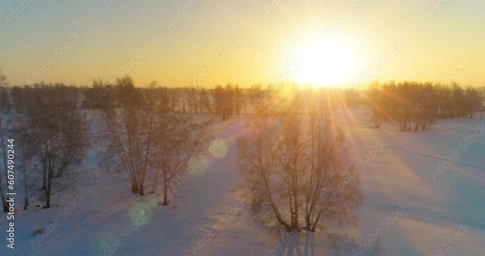Aerial drone view of cold winter landscape with arctic field, trees covered with frost snow and morning sun rays over horizon. Extreme weather. Aerial drone view of cold winter landscape with arctic field, trees covered with frost snow and morning sun rays over horizon. Extreme weather.