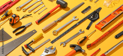 Fotografía Set of construction tools on yellow background