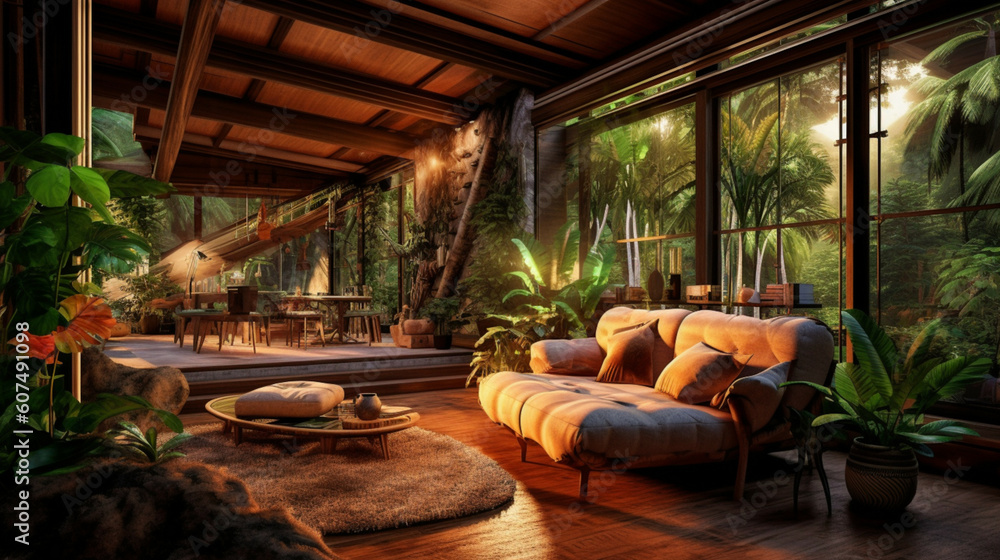 3D rendering of a cozy living room with natural light in a tropical house.Modern, Sustainable, and Eco-Friendly Living Room Interior Design Concept.