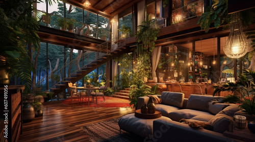 3D rendering of a modern living room in a loft style with natural light.Modern, Sustainable, and Eco-Friendly Living Room Interior Design Concept.