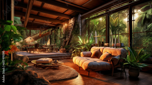 3D rendering of a cozy living room with natural light in a tropical house.Modern, Sustainable, and Eco-Friendly Living Room Interior Design Concept.