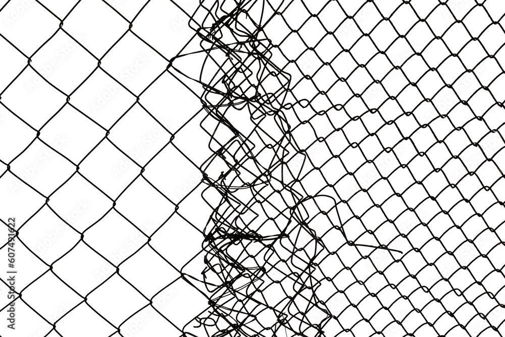 The texture of the metal mesh on a white background. Torn steel, metal mesh with holes The texture of the metal mesh on a white background. Torn steel, metal mesh with holes