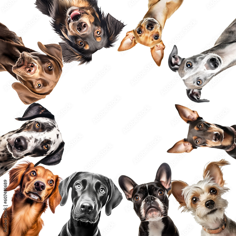 Group of different breeds dogs  in growth isolated on white background. circle view. Diversity. Animal life, care, vet, grooming Generative AI