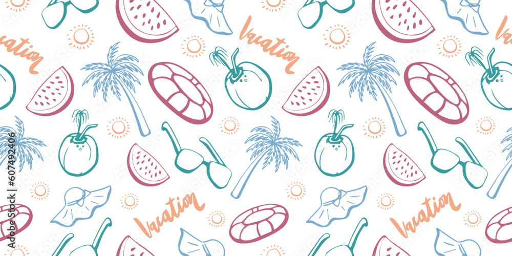 Seamless summer pattern drawn with one line and colorful pastel colors. Use it for labels, print on t-shirt, wallpaper of children's room, design, background.