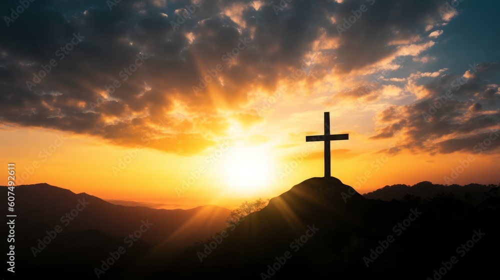 Religious day concept: Silhouette cross on  mountain sunset background, Generative AI