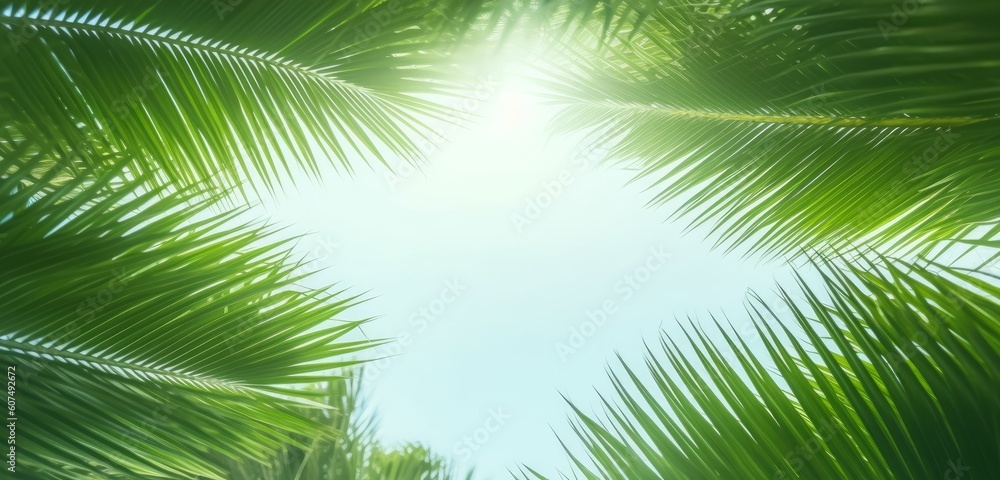 Palm Sunday concept: green palm tree leaves on natural sky, Generative AI
