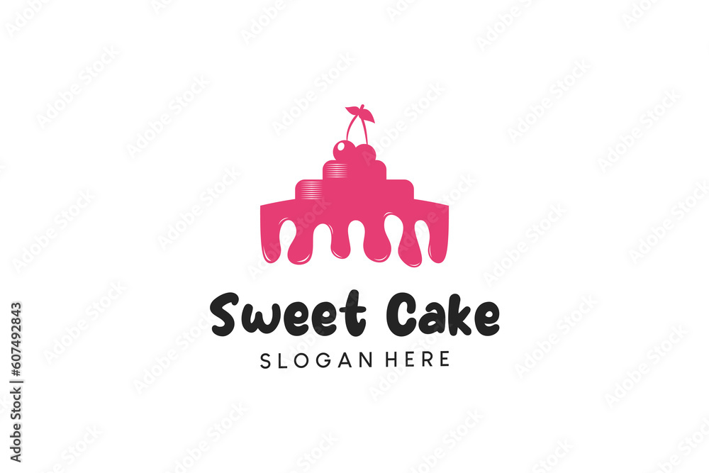 Pink sweet cake logo design with creative abstract melt