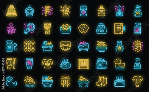 Bathing a baby icons set outline vector. Newborn infant. Mom care neon color on black