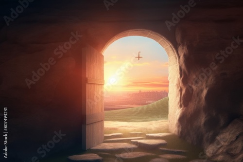 Easter concept  Empty Tomb Of Jesus Christ At Sunrise With  Cross background  Generative AI