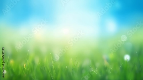World environment day concept: green grass and blue sky abstract background with bokeh, Generative AI