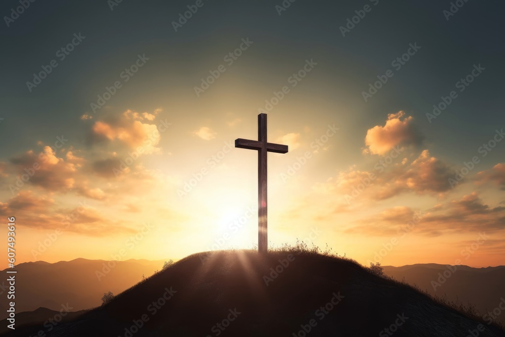 Good Friday concept: cross with sunset in the sky background, Generative AI