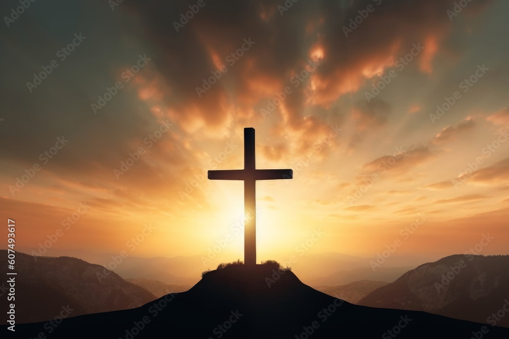 Good Friday concept: cross with sunset in the sky background, Generative AI Good Friday concept: cross with sunset in the sky background, Generative AI