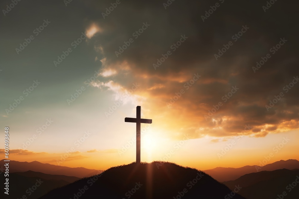 Good Friday concept: cross with sunset in the sky background, Generative AI