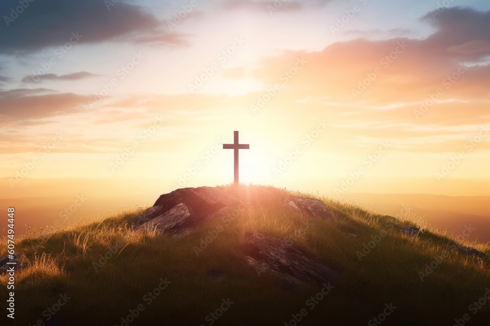 Christian cross on hill outdoors at sunrise, Generative AI Christian cross on hill outdoors at sunrise, Generative AI